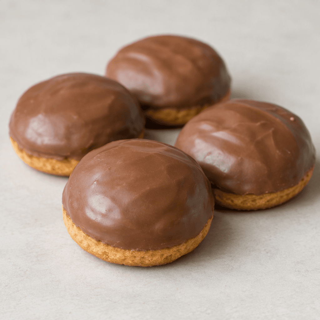 Small, round, slightly domed biscuits with a golden-brown base and a smooth milk-chocolate coating, arranged in a loose group.