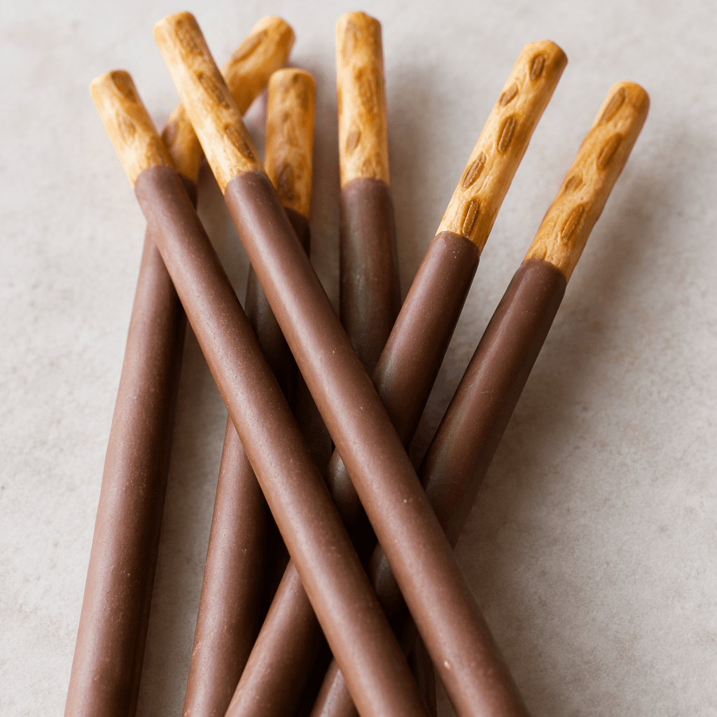Several slender, straight biscuit sticks with crisp, lightly ridged golden-brown ends and smooth milk-chocolate coating are arranged side by side.