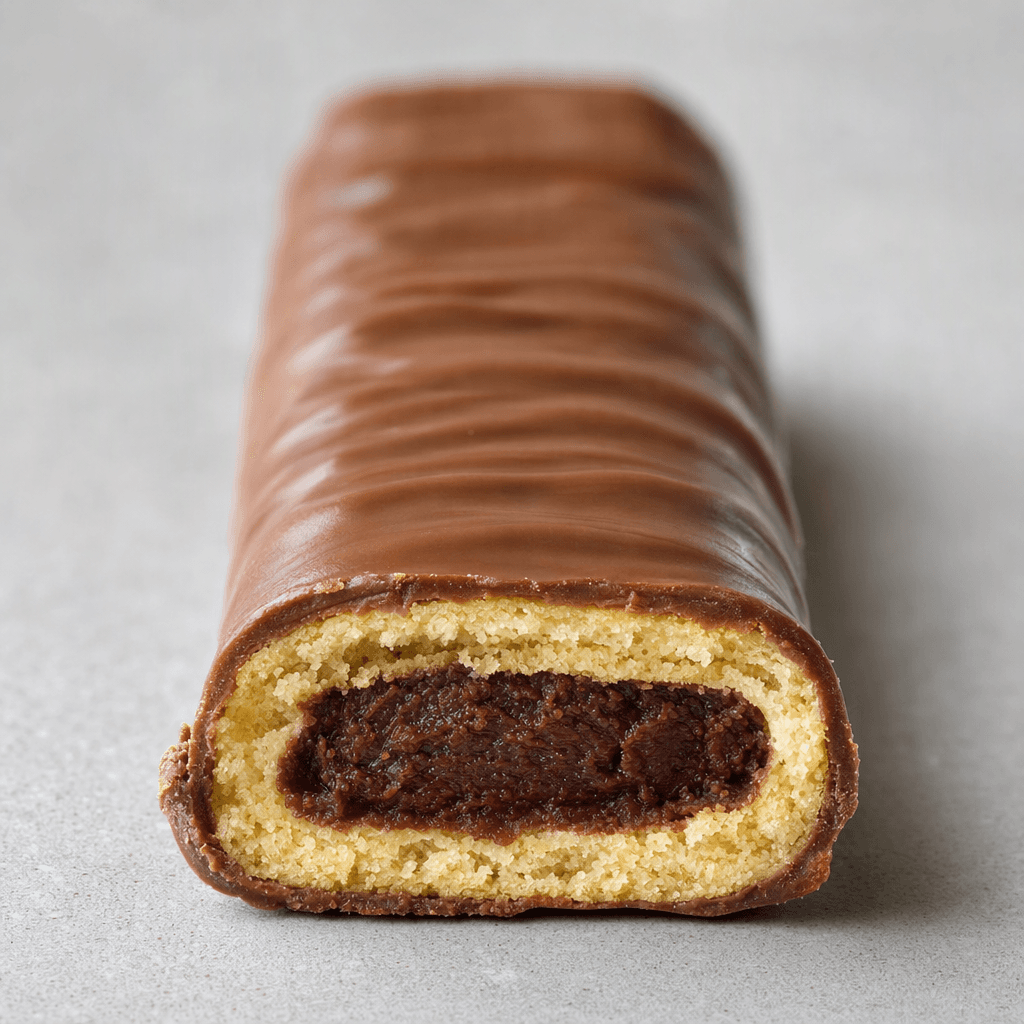 Slender, rectangular biscuit fingers have a ridged milk-chocolate coating, with pale crisp biscuit and dark cocoa cream visible at the ends.