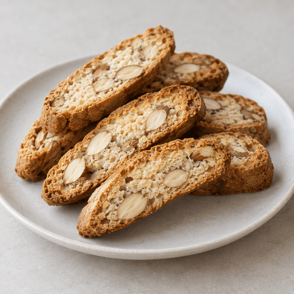 Long, dry, twice-baked almond biscuits are cut into thick diagonal slices with a golden-brown crust, a pale crisp interior, and whole almonds visibly embedded throughout, arranged on a simple plate.
