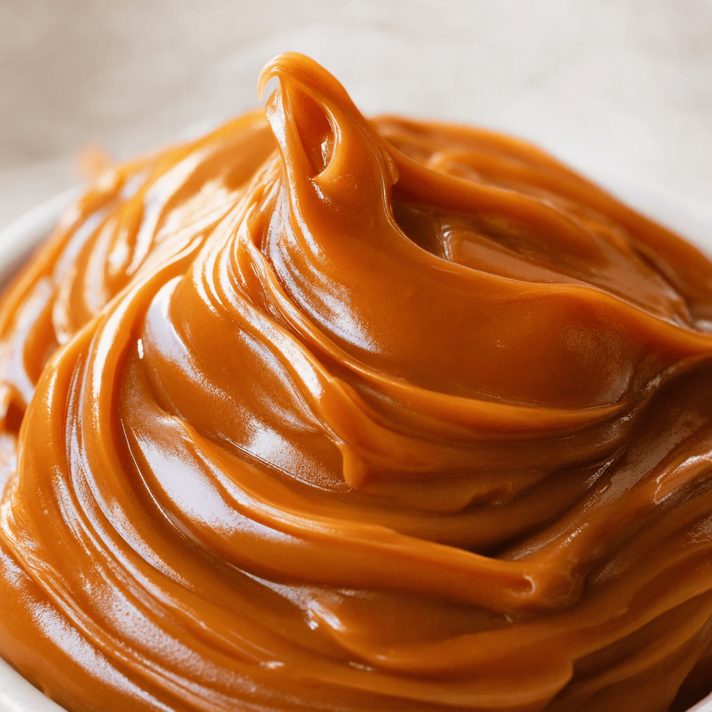 A thick, smooth, glossy caramel-brown spread, shown in a soft mound with broad creamy swirls.
