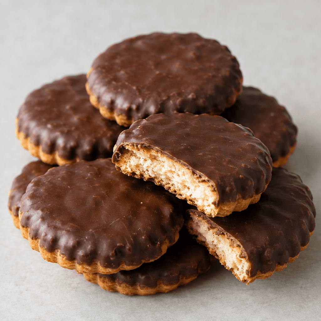 Small golden-brown biscuits are coated in smooth dark chocolate, with their crisp edges and a lightly textured surface visible.