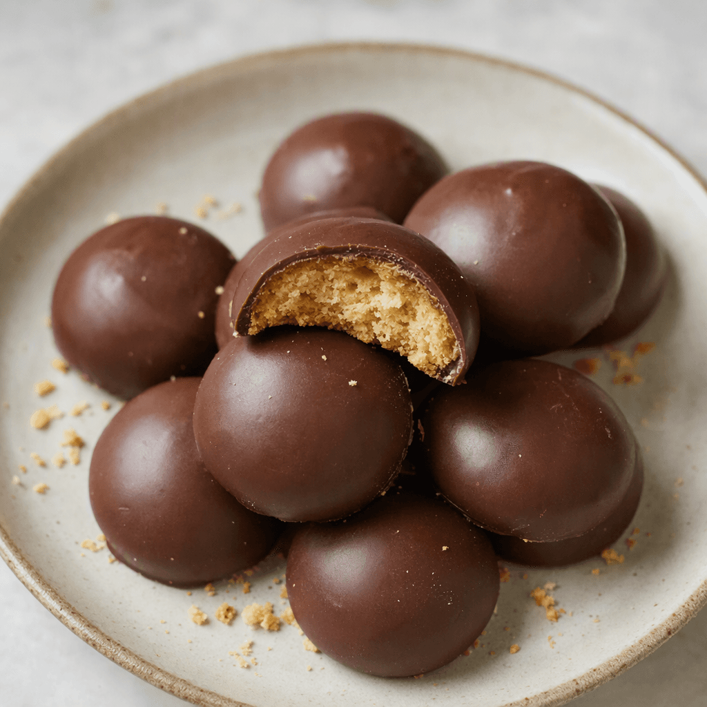 Small, round, domed biscuits coated in smooth dark-brown chocolate, with a slight sheen and a few crumbs scattered around them.