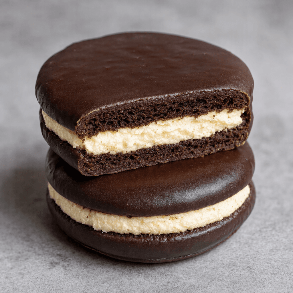 Small, round, flat chocolate-coated cakes with a dark brown surface and a pale cream layer sandwiched between soft-looking cake layers.
