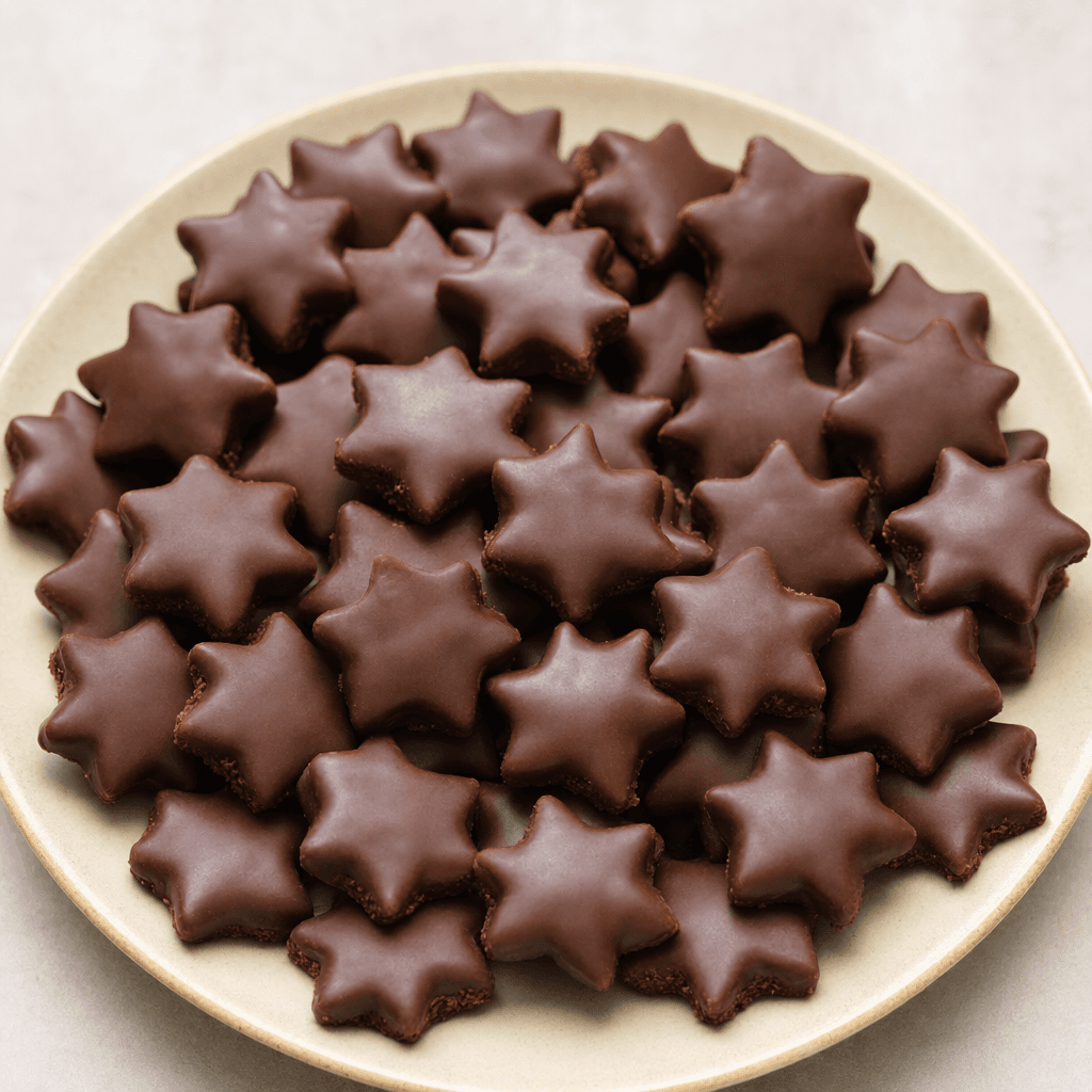 Small, crisp, star-shaped biscuits with a dark cocoa-brown surface and a smooth chocolate coating are scattered on a plain plate.