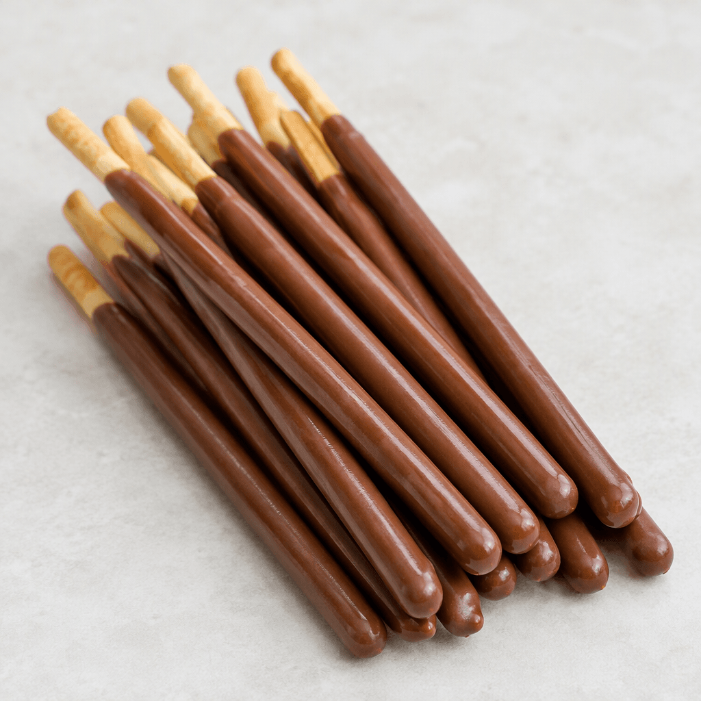 Slender, straight biscuit sticks with a smooth, glossy milk-chocolate coating, arranged side by side.