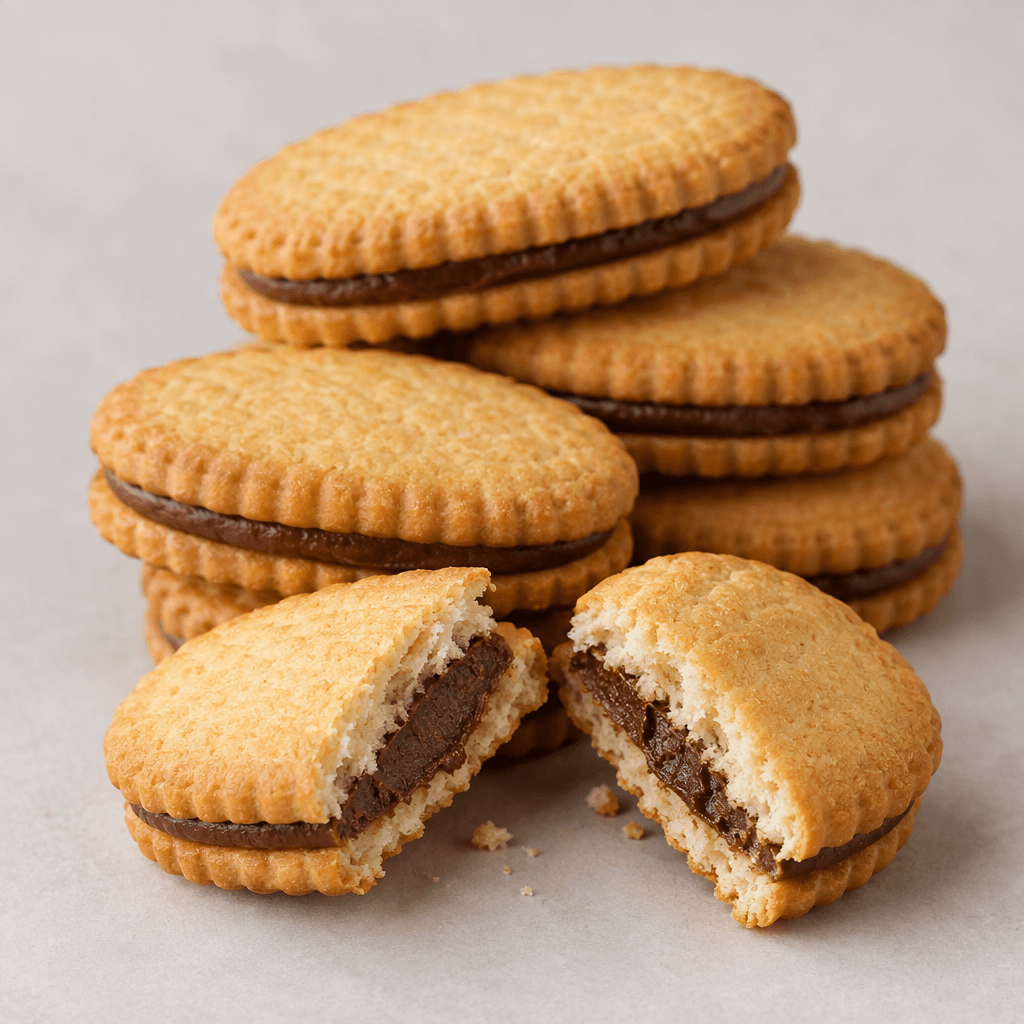 Golden-brown, oval sandwich biscuits with gently ridged edges and a smooth dark cocoa filling visible between the layers, arranged on a plain surface with one biscuit broken open to show the filling.