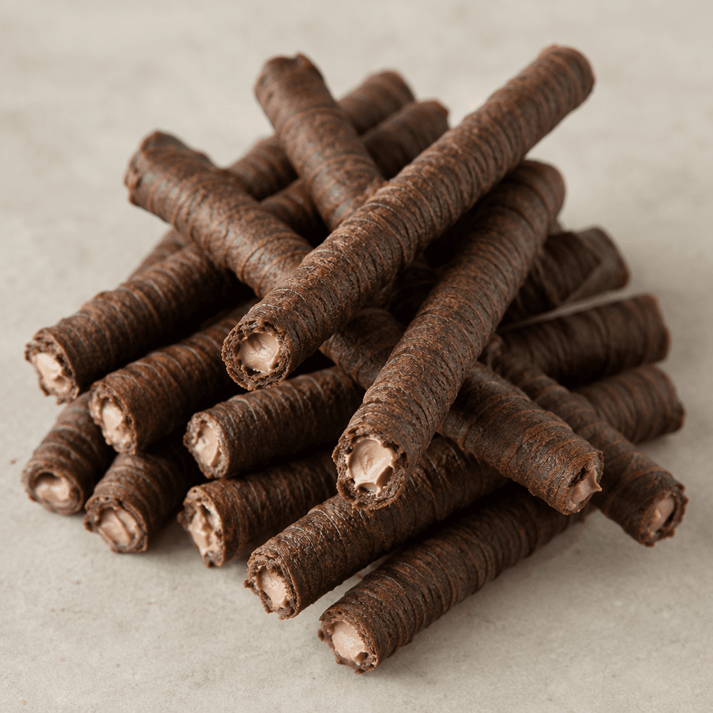 Slender, dark cocoa-brown wafer rolls with fine ridges and visible pale chocolate-coloured cream at their open ends.