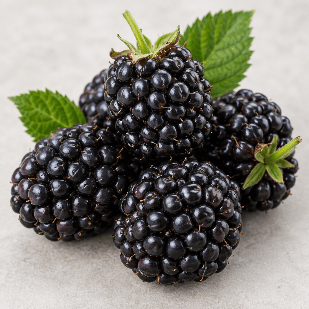 Several ripe blackberries with tightly packed, rounded drupelets form small oval clusters, their surfaces glossy deep purple-black with a few visible green stems and leaves.