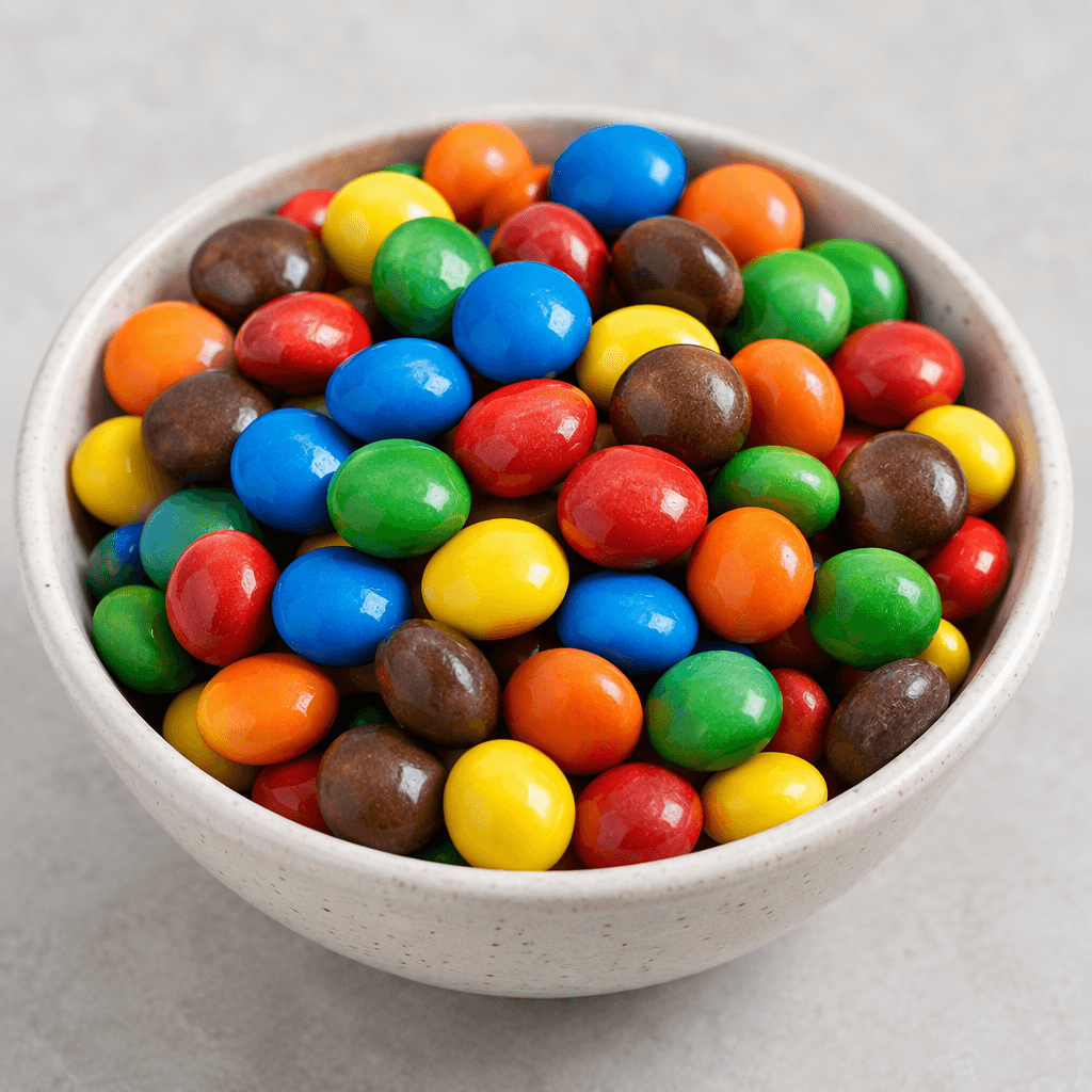 Small, round chocolate candies covered in smooth, glossy hard sugar shells in assorted bright colours, piled together in a shallow dish.