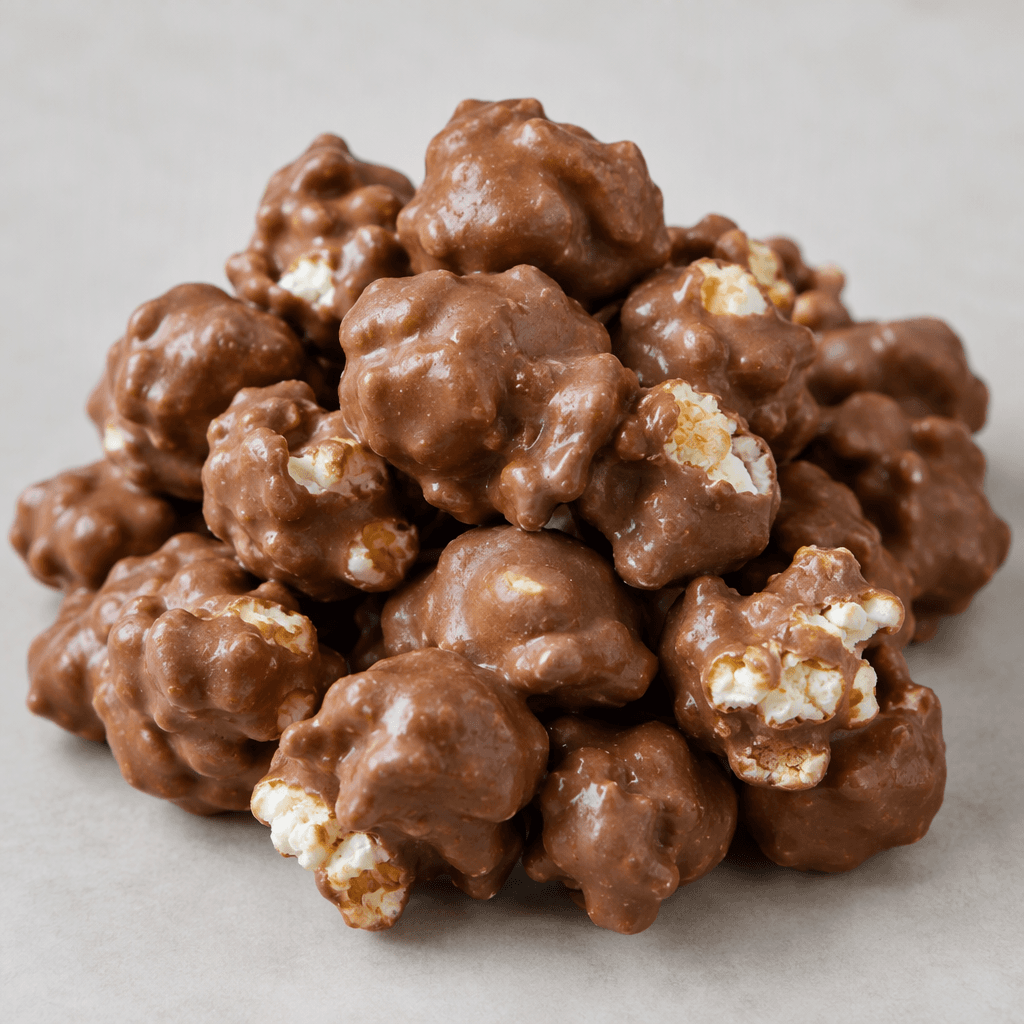 Small, irregular popcorn-shaped pieces are coated in smooth milk chocolate, with a few pale, craggy kernels visible through the coating.