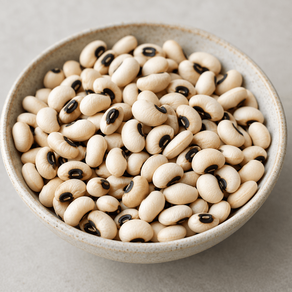Small, oval ivory-colored beans are scattered in a shallow dish, each bearing a distinct black or deep brown spot along its curved seam and showing a smooth, matte surface.