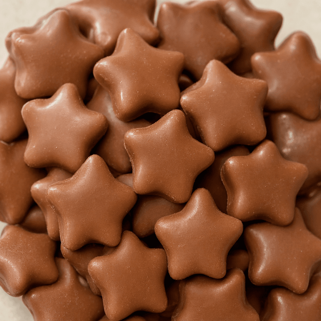 Small, crisp, five-pointed biscuit stars are coated in smooth milk chocolate and shown piled together.