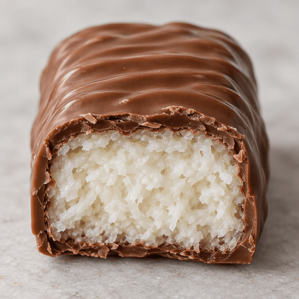 A bite-sized, rounded rectangular bar with a smooth, ridged milk-chocolate coating and a dense white coconut filling visible at its cut end.
