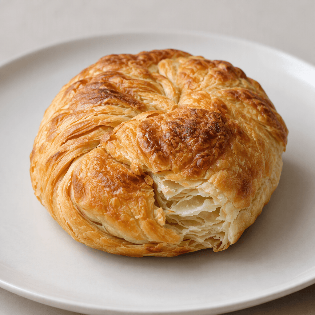 A small, round, slightly flattened pastry with tightly folded flaky layers, an uneven golden-brown surface, and a pale layered interior visible along a broken edge, served on a plain plate.