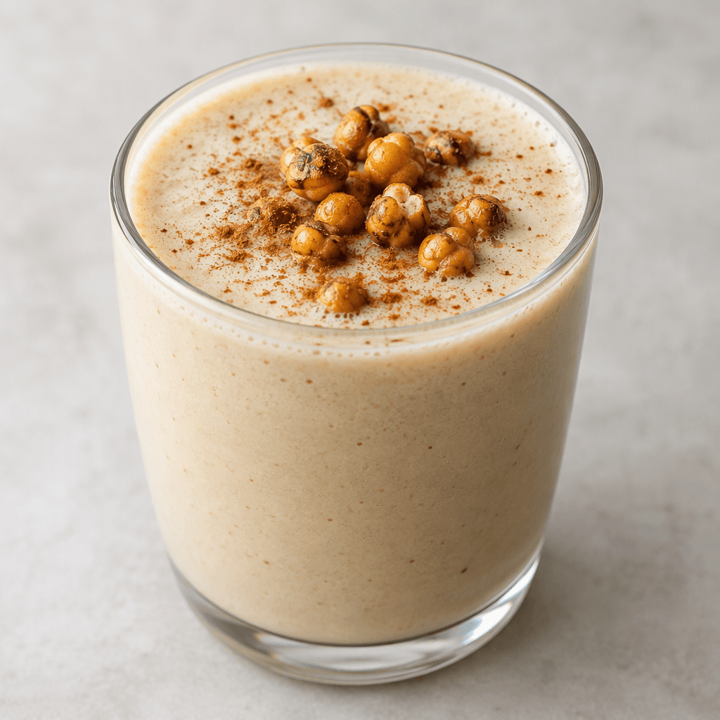 A thick, opaque, pale beige fermented grain drink with a smooth, slightly foamy surface, served in a clear glass and dusted with cinnamon, with a few roasted chickpeas scattered on top.