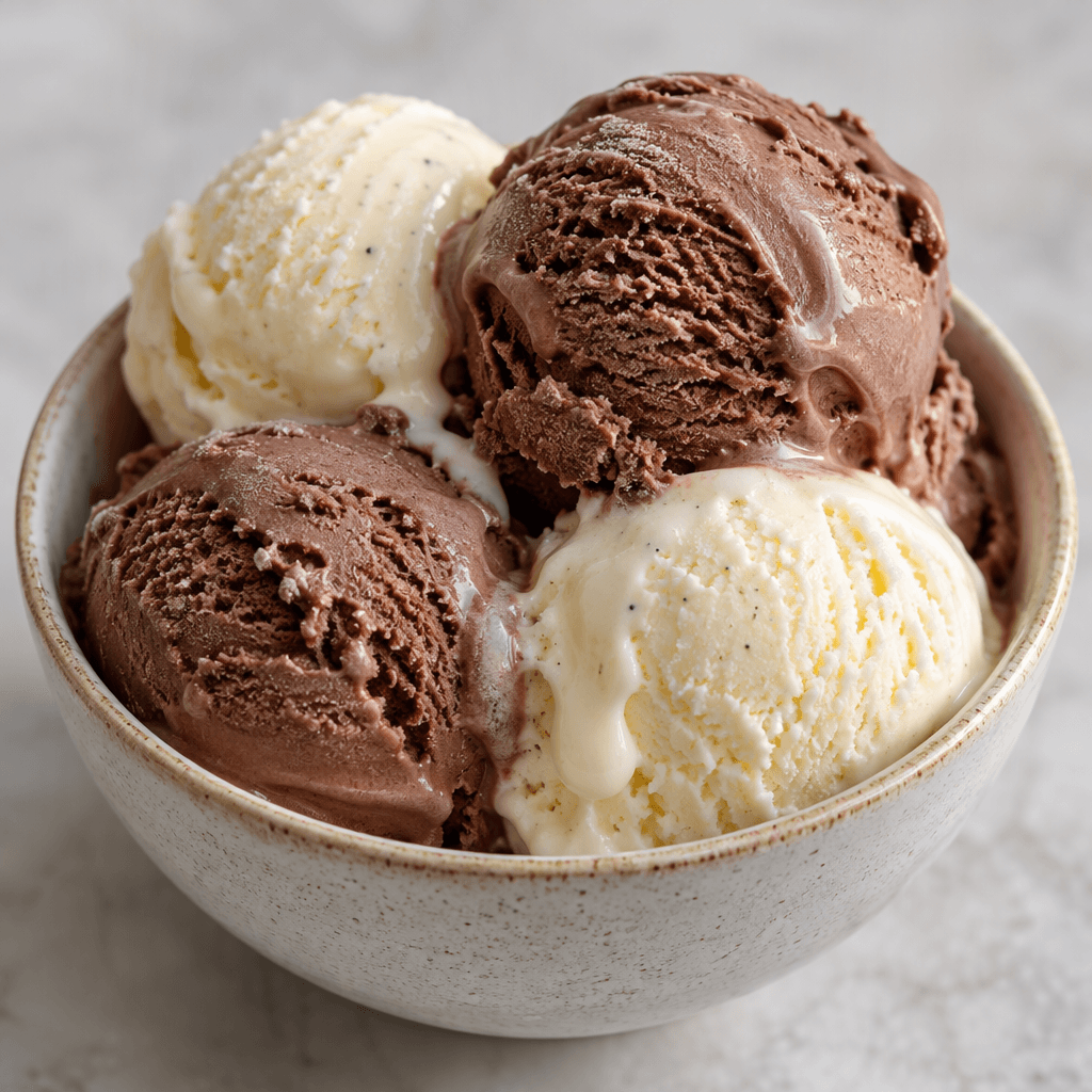 Several smooth, rounded scoops of pale vanilla and chocolate ice cream sit in a small dish, with softly melting edges.