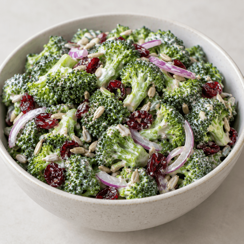 A mound of small, bright-green broccoli florets coated in a creamy white dressing, mixed with thin slices of red onion, ruby-red dried cranberries and pale sunflower seeds in a serving bowl.