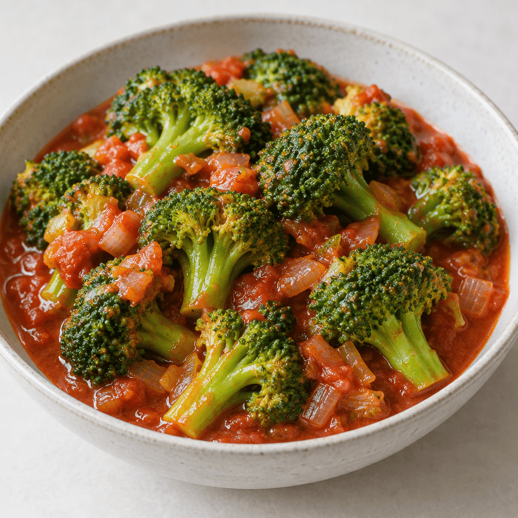 Tender green broccoli florets and short stems sit in a shallow bowl of thick, glossy red tomato sauce, with small translucent onion pieces visible throughout.