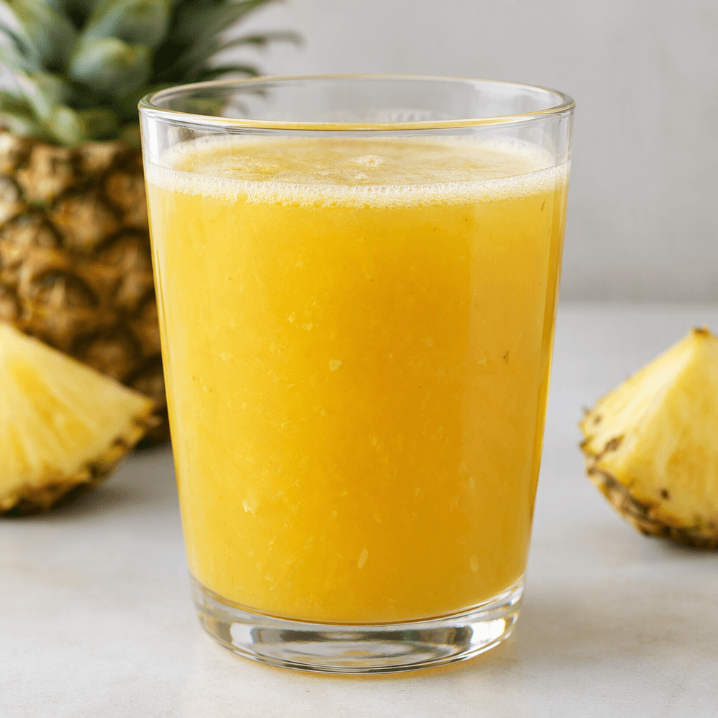 A glass filled with opaque golden-yellow juice, with a faint layer of pale foam and a few tiny pulp flecks visible in the liquid.