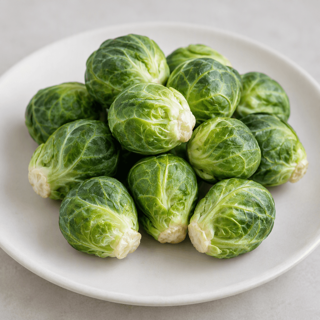 Several small, round Brussels sprouts with tightly layered, overlapping green leaves, pale cut stems, and slightly ridged outer leaves are arranged together on a plain plate.