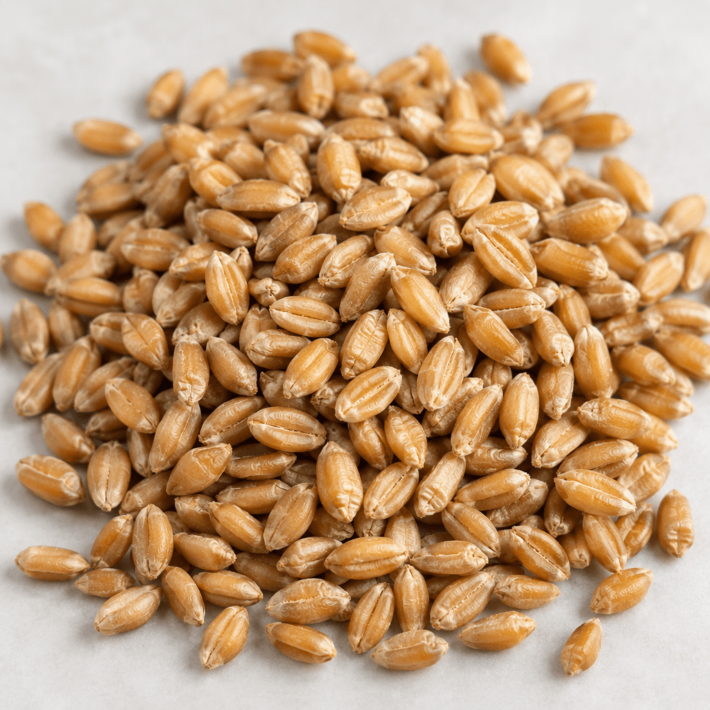 Loose wheat grains are small, plump oval kernels with pointed ends, warm golden-beige color, faint longitudinal grooves, and a dry, slightly glossy surface, scattered in a shallow layer.