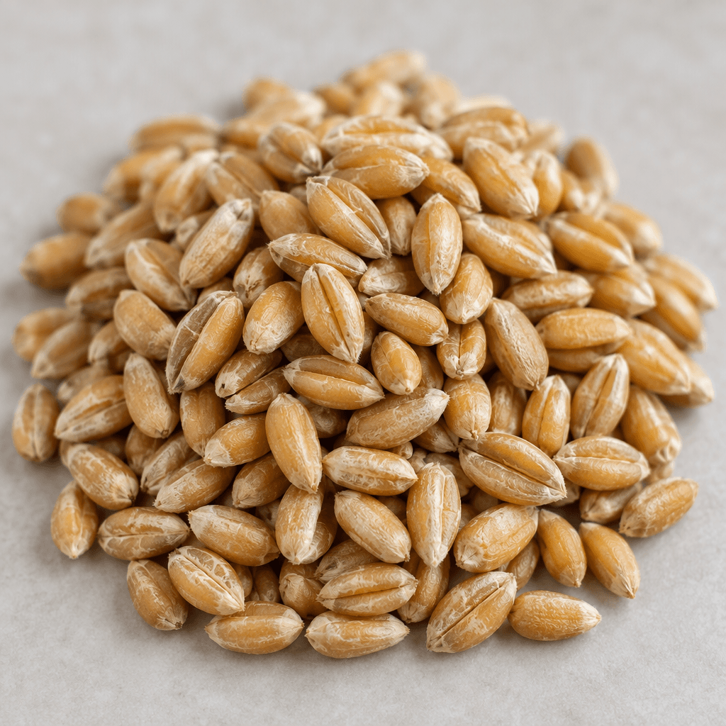 A loose pile of small, hard, oval wheat kernels in pale golden beige, each with a narrow groove along one side and softly pointed ends.