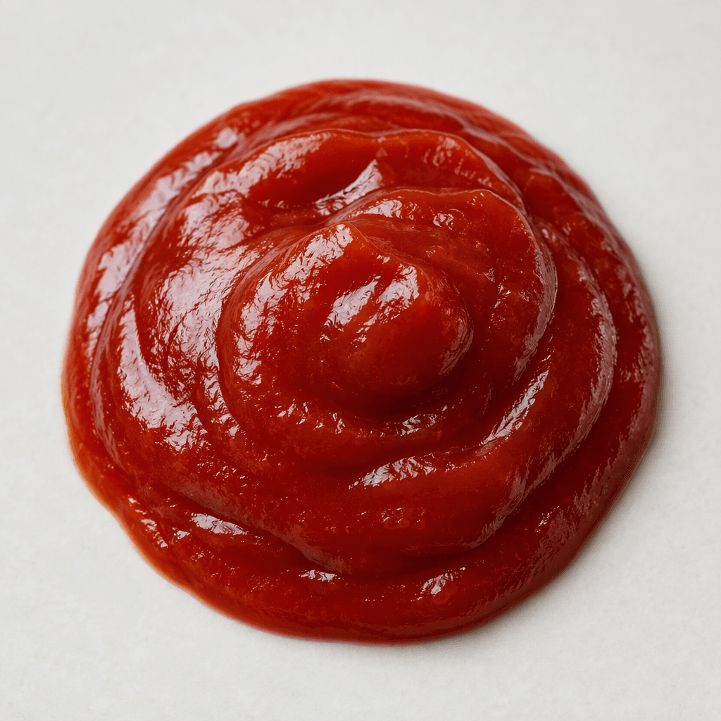 A thick, glossy deep-red sauce sits in a small pool, with a smooth, slightly sticky surface.