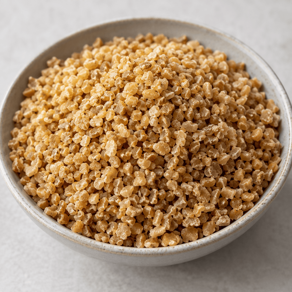Small, irregularly shaped cracked wheat granules in shades of golden tan and light brown, with a dry, coarse, slightly rough texture, scattered loosely or heaped in a shallow dish.