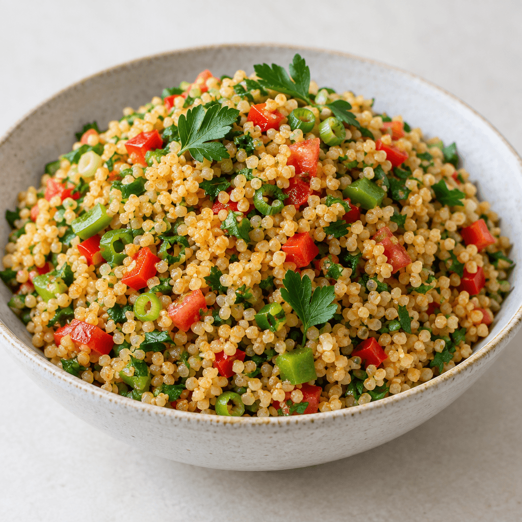 A mound of fine, fluffy golden-brown bulgur is mixed with finely chopped parsley, scallions, red and green peppers, and small red tomato pieces, with the loose, moist grains served in a shallow bowl and a few fresh herb leaves scattered on top.