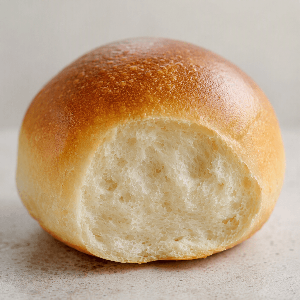 A small, round bread roll with a smooth golden-brown crust, a softly domed top, and a pale, airy crumb visible where it is cut open.