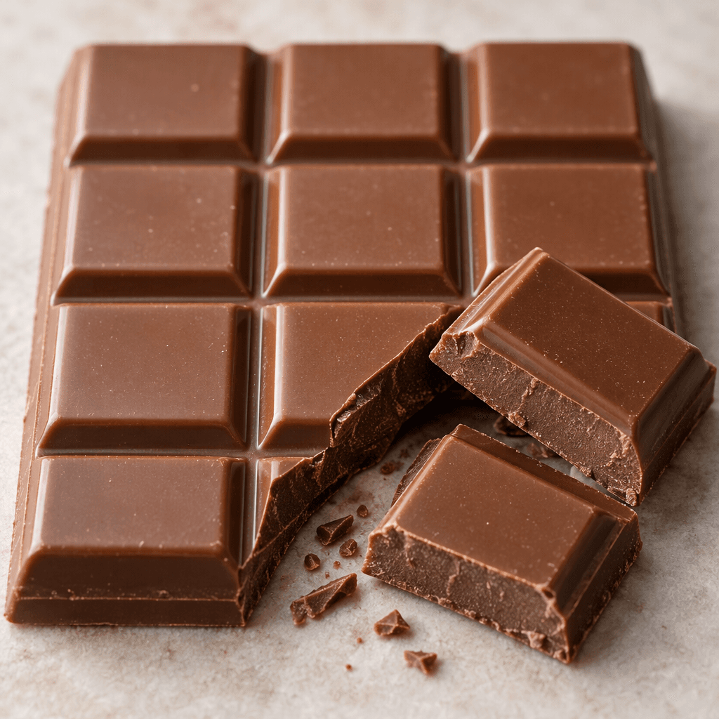 A smooth, medium-brown chocolate bar divided into neat rectangular sections, with a slight sheen and a few broken pieces showing their solid interior.