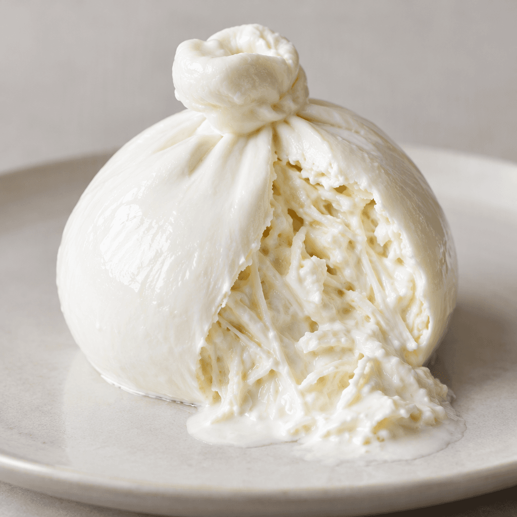 A round, pear-shaped pouch of smooth, glossy white fresh cheese sits on a plate, with one side cut open to reveal a soft, creamy white filling of shredded cheese and cream spilling gently onto the surface.