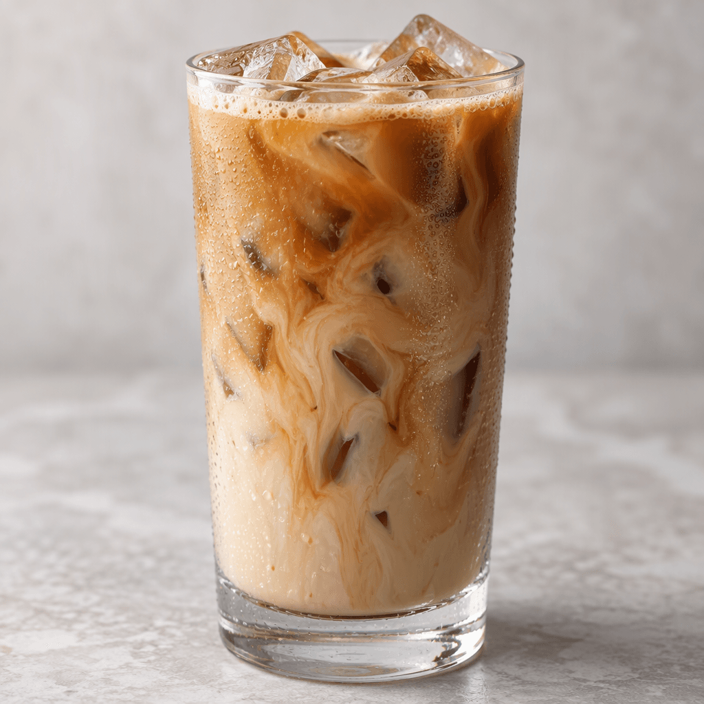 A tall clear glass filled with a creamy light-brown drink, with darker coffee swirls and angular ice cubes visible through the sides and beads of condensation on the glass.