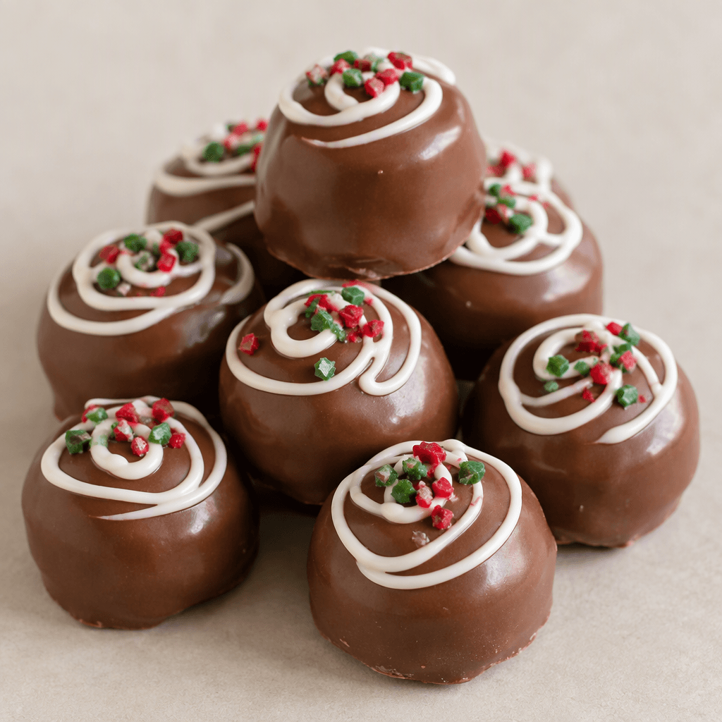 Small, rounded milk-chocolate sweets with a glossy brown surface, topped with a white icing-like swirl and tiny red and green decorations.