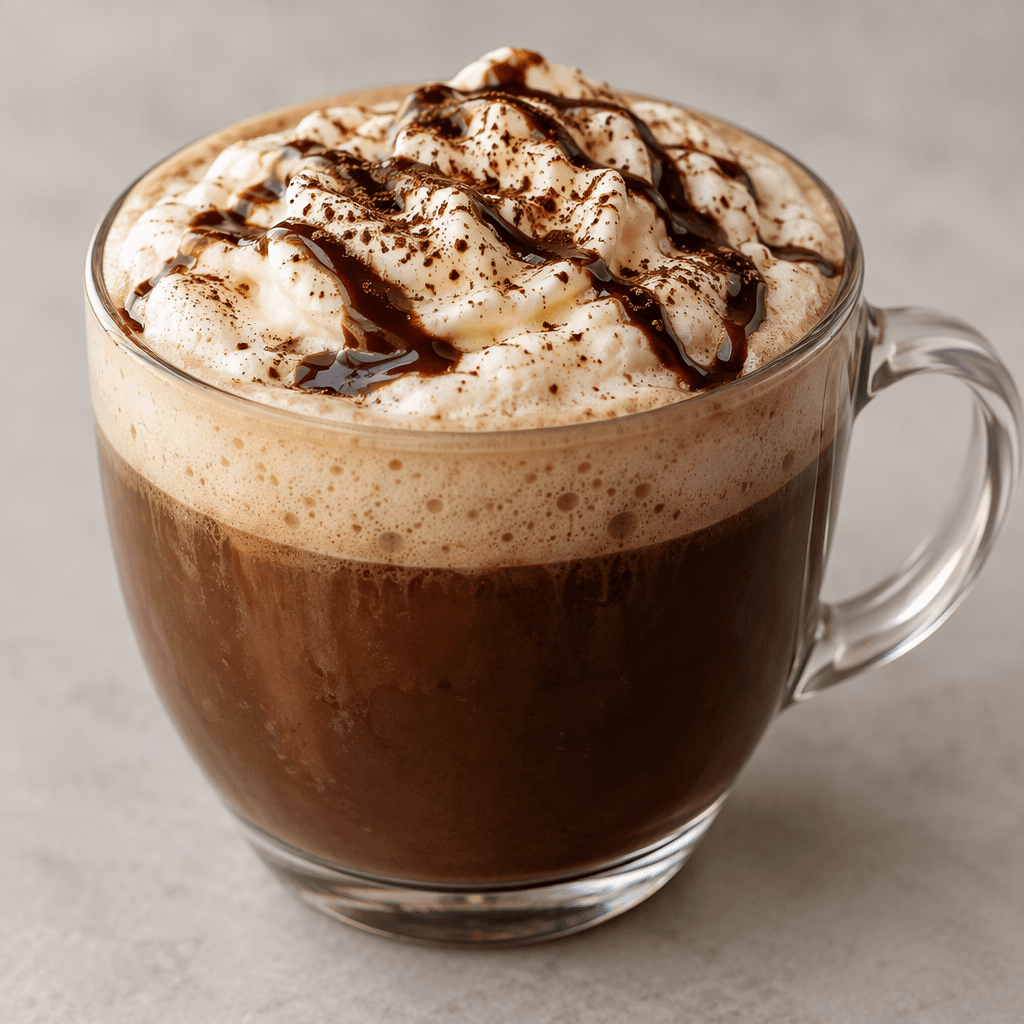 A dark chocolate-brown coffee drink fills a cup, topped with a layer of pale creamy foam and a light drizzle of chocolate.