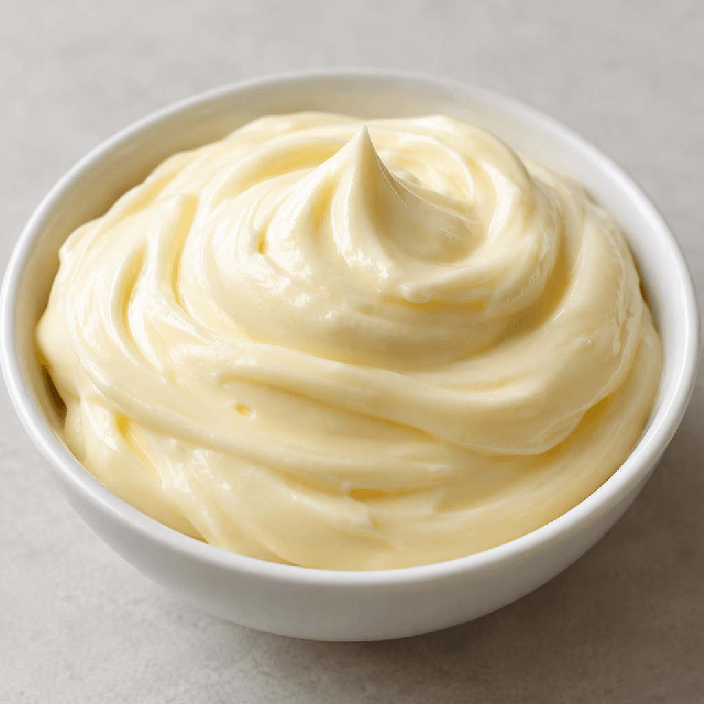 A thick, smooth, glossy pale ivory mayonnaise sits in a soft swirl, with gentle ridges and a faint yellow tint.