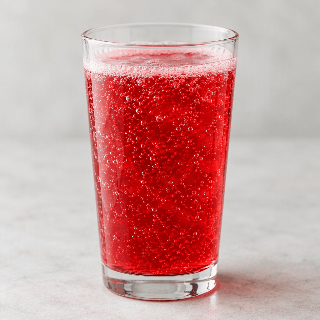 A clear glass of bright raspberry-red carbonated soda, with fine bubbles rising through the drink and a light foamy ring at the surface.