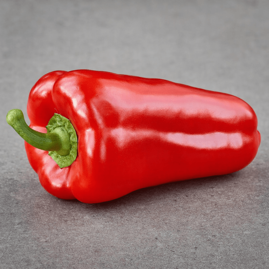A glossy, deep-red pepper with broad shoulders, thick flesh, and a long, gently tapered shape lies on a plain surface.