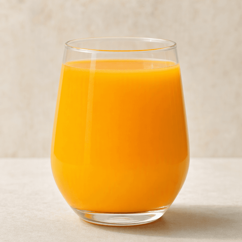 A smooth, opaque golden-orange apricot drink fills a clear glass, with an even surface and no visible pulp or garnish.