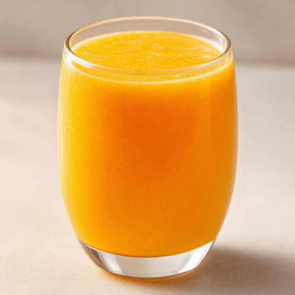 A smooth, opaque orange-colored fruit drink is served in a clear glass.