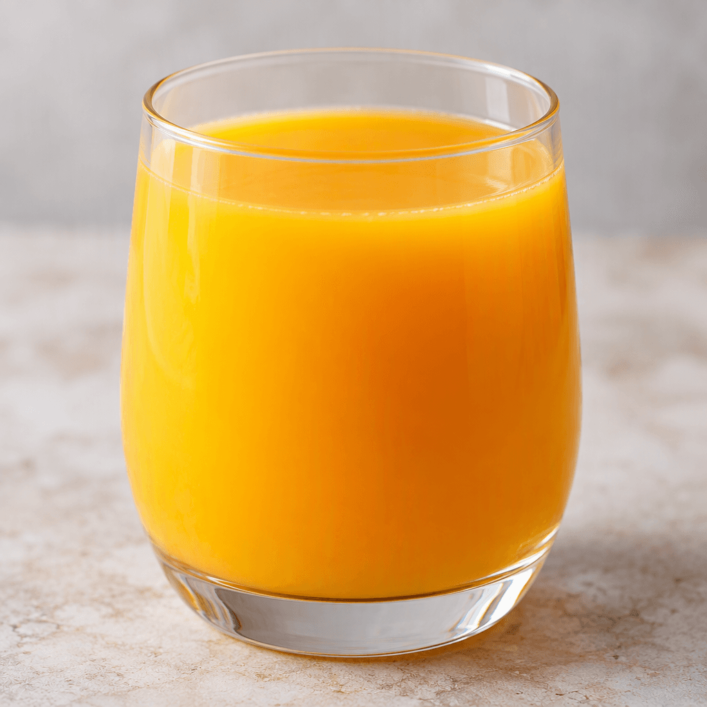 A glass filled with opaque, vivid orange juice with a smooth, even surface.