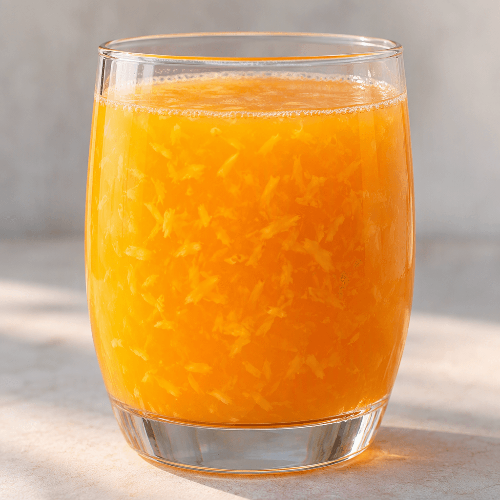 A bright orange, slightly translucent fruit drink with small pieces of pulp suspended throughout, served in a clear glass.