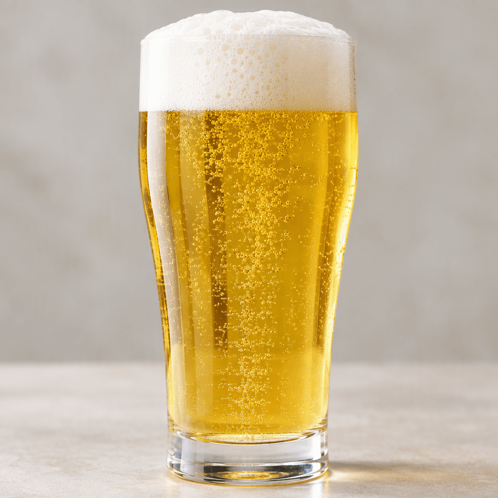 A clear pale-golden lager fills a transparent tall glass, topped with a thick white foamy head and a stream of fine bubbles rising through the beer.