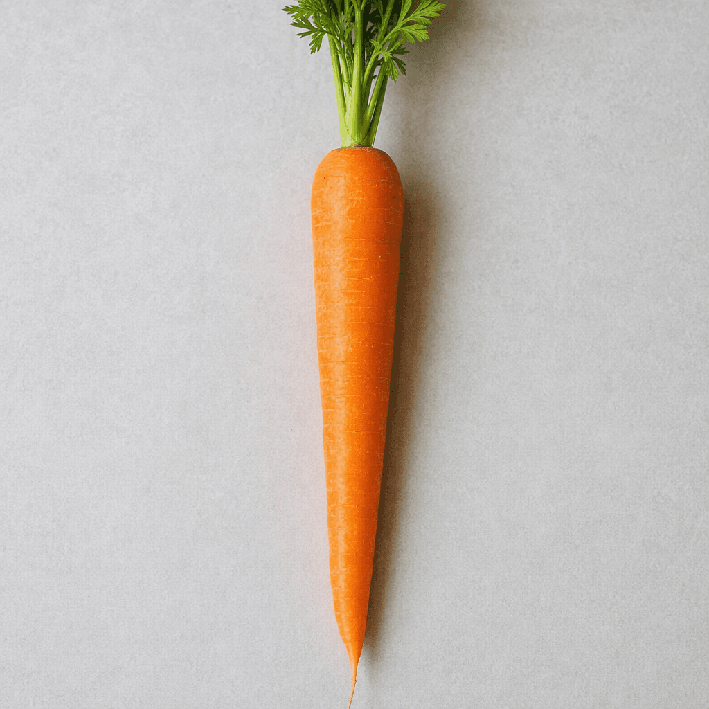 An elongated, tapered carrot with smooth vivid orange skin, a slightly pointed tip, and a small tuft of leafy green stems at the wider top.