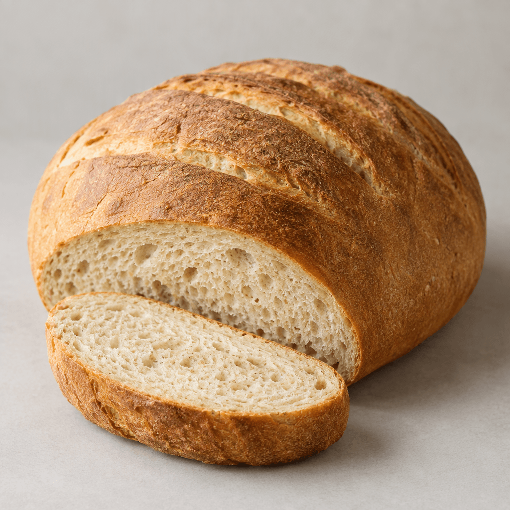 A thick, oval loaf of wheat bread with a matte golden-brown crust, shallow lengthwise scoring across the top, and a pale, airy interior visible where it is sliced.