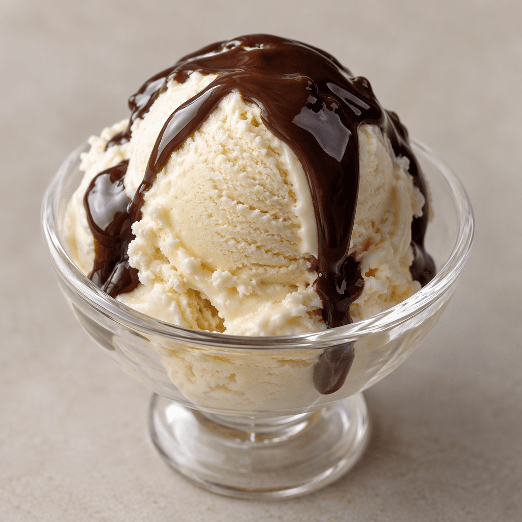 A small serving of smooth, pale vanilla ice cream sits in a dessert cup, topped with a glossy chocolate sauce.