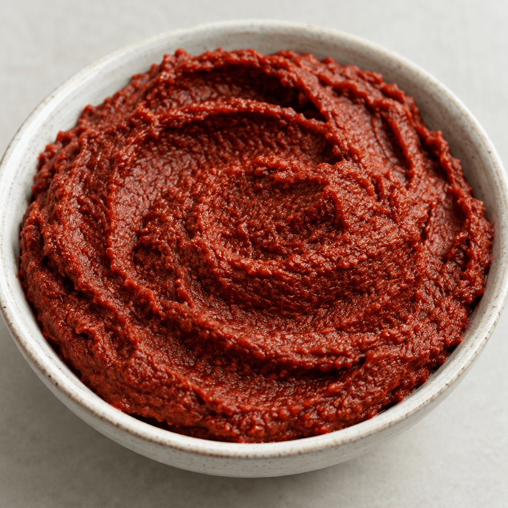 A thick, deep brick-red paste with a dense, slightly grainy texture, spread in a shallow dish and marked with soft swirls and ridges.