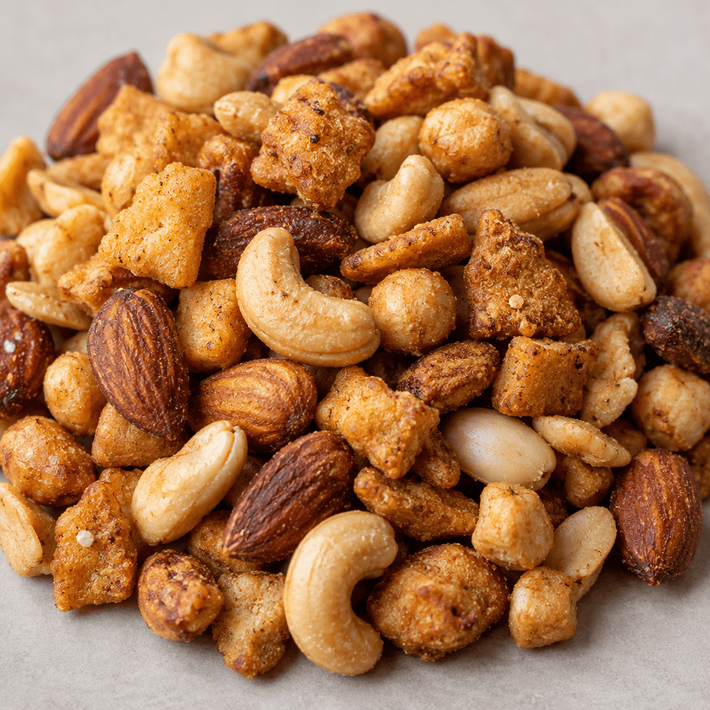 A loose mix of small, irregularly shaped nuts and crunchy pieces in shades of golden beige and brown, with smooth and lightly ridged surfaces.