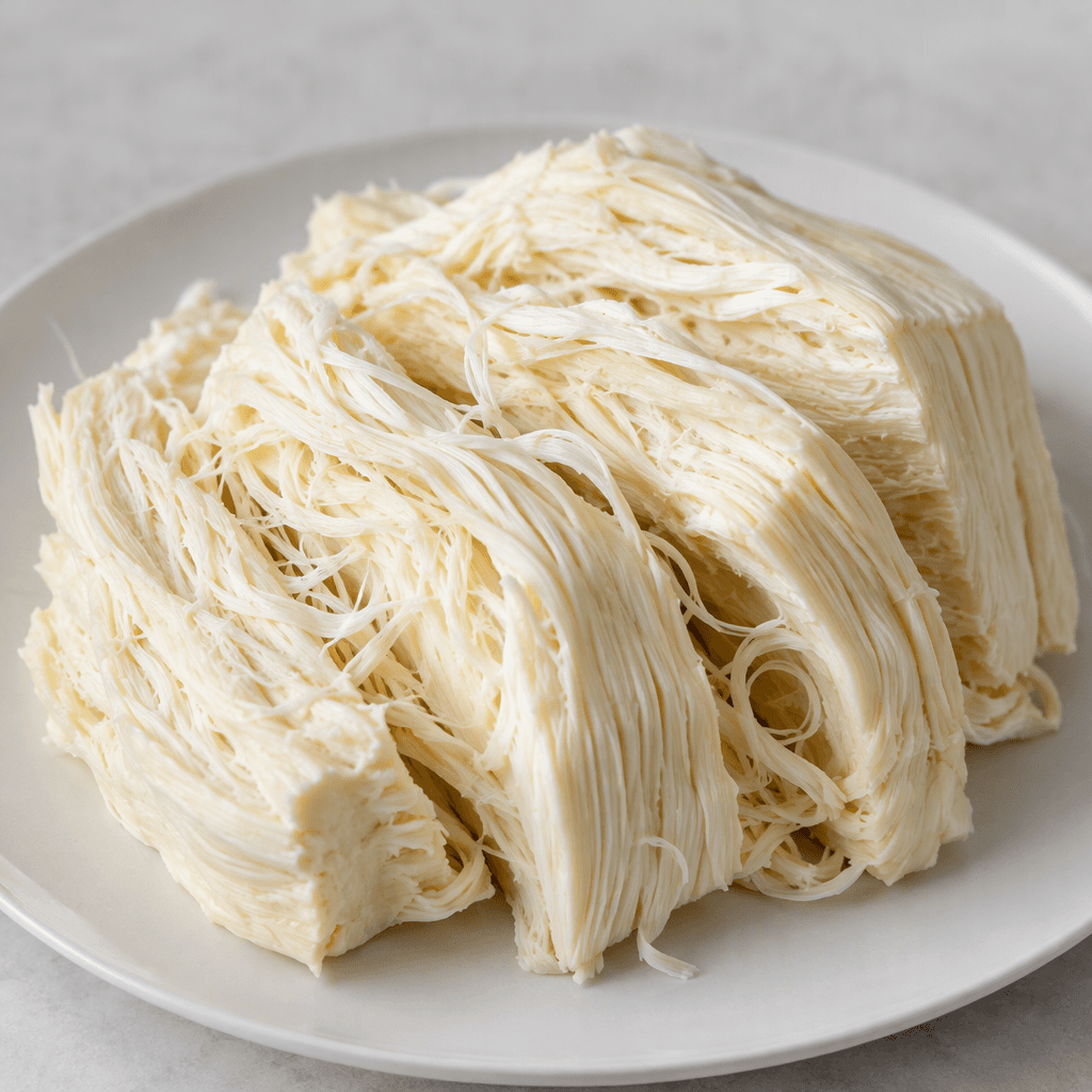 Pale ivory Circassian cheese forms compact, irregular bundles of fine fibrous strands, with a slightly ridged surface and a firm, layered appearance, arranged in thick slices on a plain plate.